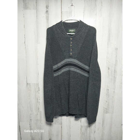 Eddie Bauer Sweater Mens Large Gray Long Sleeve Henley Knit Cotton Button - Picture 1 of 7